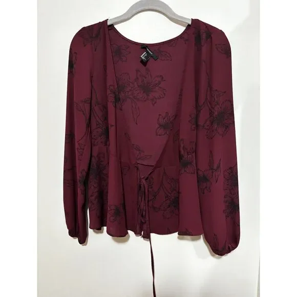 Forever 21 Wine Floral Tie Front Blouse S Fairy Grunge Romantic Witchy Aesthetic - Picture 4 of 10